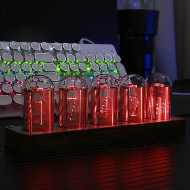Alt view image 2 of 7 - Nixie Tube Clock with Wi-Fi SYNC, Alarm & Timer, 12/24H Display, No Assembly Required - A Retro Gift for Friends (Wood Grain)