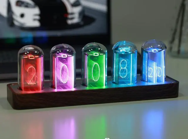 Alt view image 6 of 7 - Nixie Tube Clock with Wi-Fi SYNC, Alarm & Timer, 12/24H Display, No Assembly Required - A Retro Gift for Friends (Wood Grain)