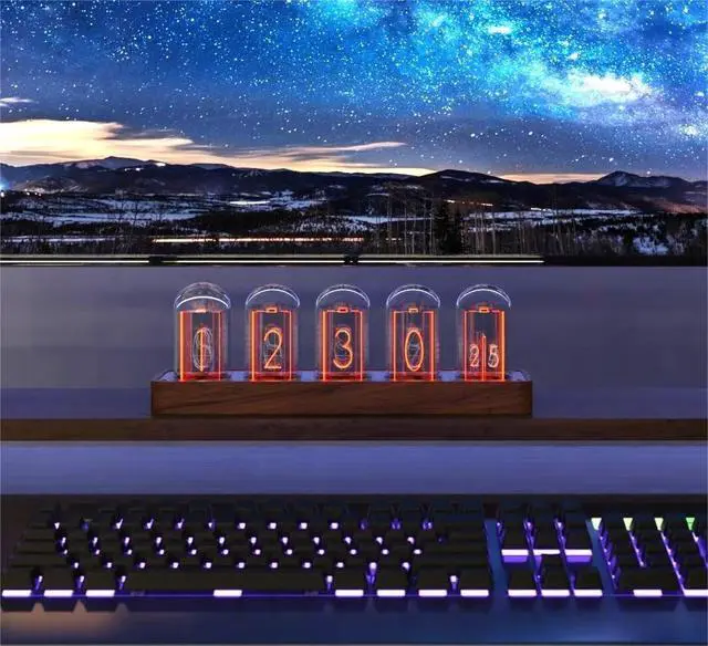 Alt view image 7 of 7 - Nixie Tube Clock with Wi-Fi SYNC, Alarm & Timer, 12/24H Display, No Assembly Required - A Retro Gift for Friends (Wood Grain)