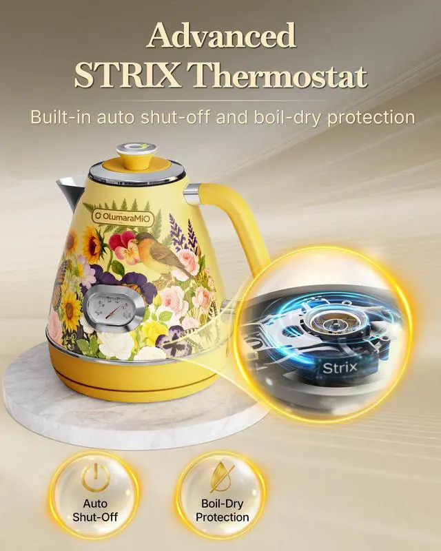 Alt view image 6 of 7 - 1.7L Retro Electric Kettle with Thermometer, Floral Design