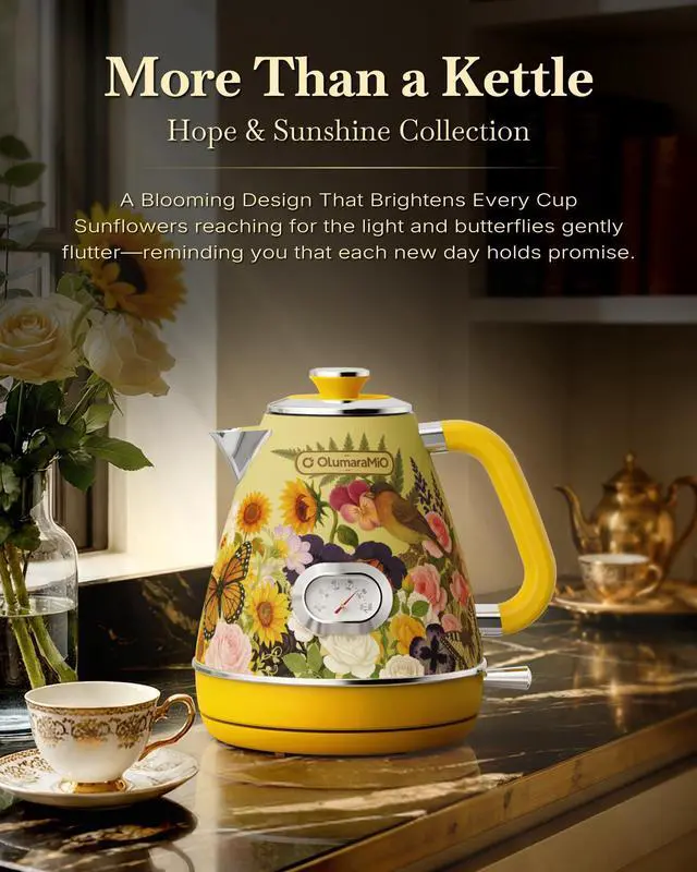 Alt view image 3 of 7 - 1.7L Retro Electric Kettle with Thermometer, Floral Design