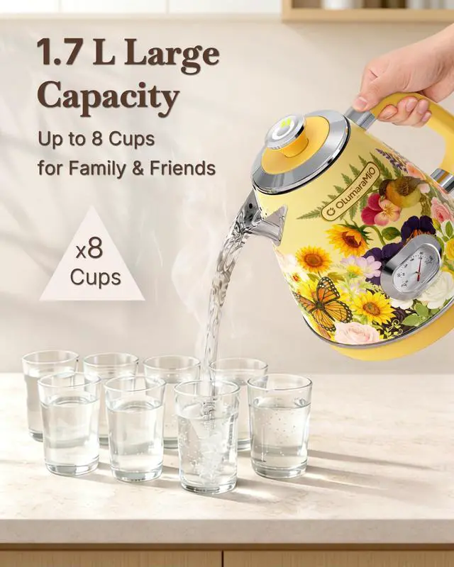 Alt view image 7 of 7 - 1.7L Retro Electric Kettle with Thermometer, Floral Design