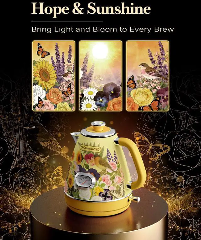 Alt view image 2 of 7 - 1.7L Retro Electric Kettle with Thermometer, Floral Design
