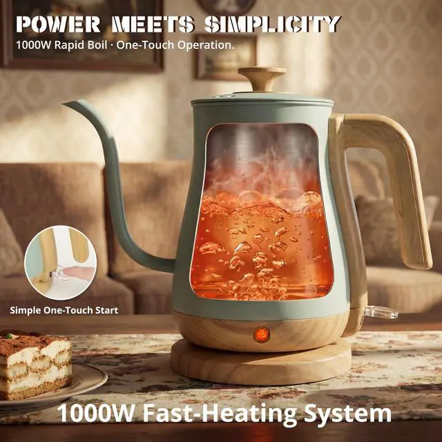 Alt view image 2 of 7 - Electric Kettle, Electric Tea Kettle Stainless Steel, Gooseneck Electric Kettle, 1000W Hot Water Kettle Electric Auto Shut Off, 0.8L, Wood-like Grain Finish Handle, Light Green