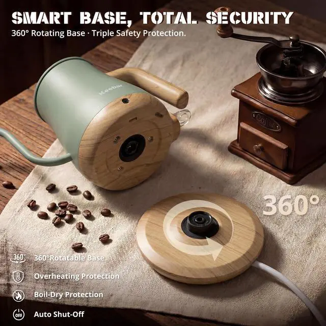 Alt view image 7 of 7 - Electric Kettle, Electric Tea Kettle Stainless Steel, Gooseneck Electric Kettle, 1000W Hot Water Kettle Electric Auto Shut Off, 0.8L, Wood-like Grain Finish Handle, Light Green