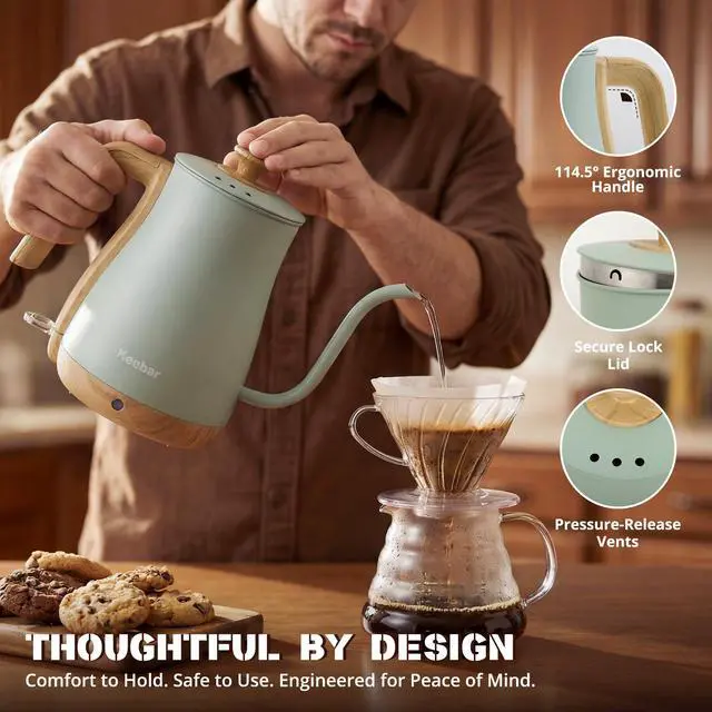 Alt view image 3 of 7 - Electric Kettle, Electric Tea Kettle Stainless Steel, Gooseneck Electric Kettle, 1000W Hot Water Kettle Electric Auto Shut Off, 0.8L, Wood-like Grain Finish Handle, Light Green