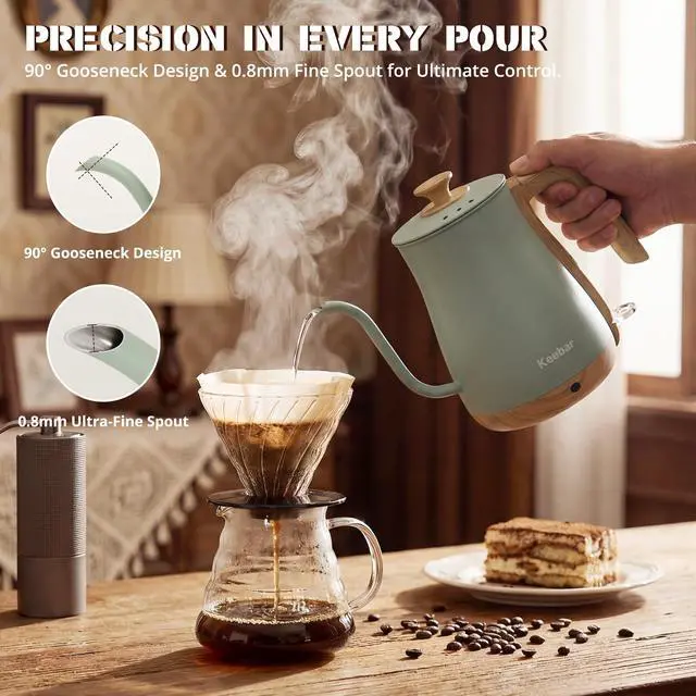 Alt view image 4 of 7 - Electric Kettle, Electric Tea Kettle Stainless Steel, Gooseneck Electric Kettle, 1000W Hot Water Kettle Electric Auto Shut Off, 0.8L, Wood-like Grain Finish Handle, Light Green