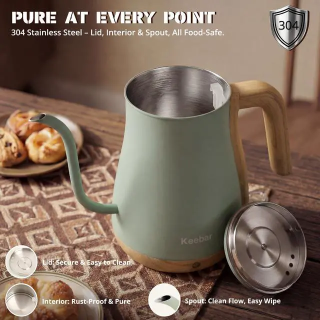 Alt view image 5 of 7 - Electric Kettle, Electric Tea Kettle Stainless Steel, Gooseneck Electric Kettle, 1000W Hot Water Kettle Electric Auto Shut Off, 0.8L, Wood-like Grain Finish Handle, Light Green