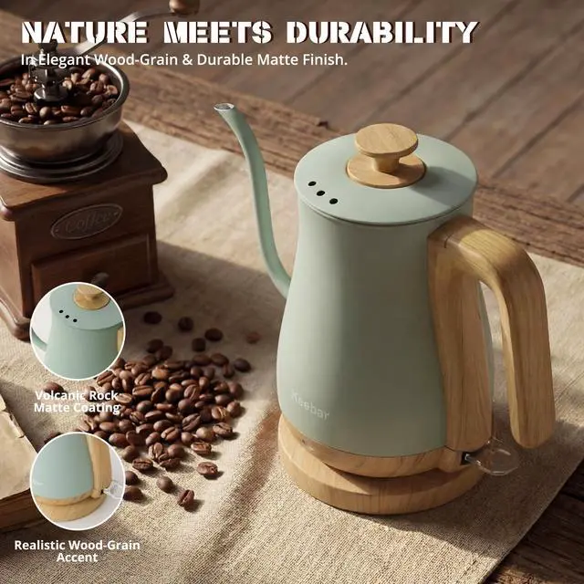 Alt view image 6 of 7 - Electric Kettle, Electric Tea Kettle Stainless Steel, Gooseneck Electric Kettle, 1000W Hot Water Kettle Electric Auto Shut Off, 0.8L, Wood-like Grain Finish Handle, Light Green