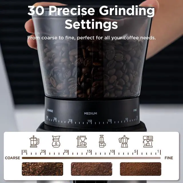 Alt view image 5 of 7 - Burr Coffee Grinder, Electric Conical Coffee Bean Grinder With 30 Adjustable Grind Settings For 2-12 Cups, Sliver & Black