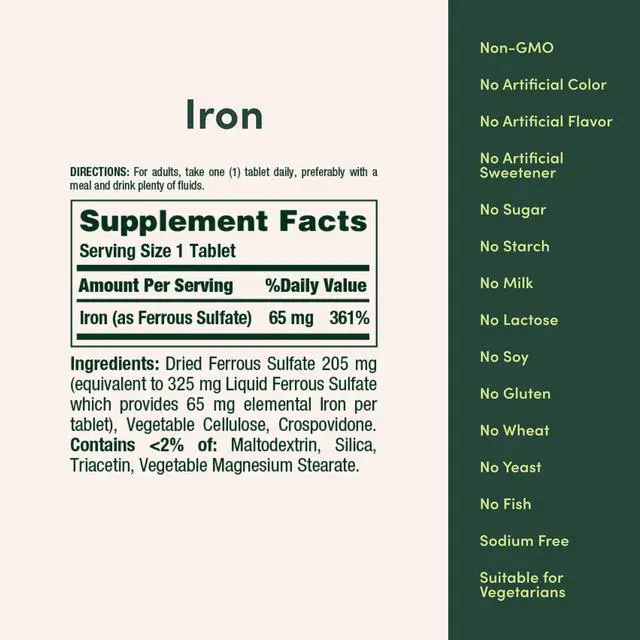 Alt view image 5 of 6 - Iron 65mg, 325 mg Ferrous Sulfate, Cellular Energy Support, Promotes Normal Red Blood Cell Production, 1 Serving Per Day, Gluten Free, 100 Vegetarian Tablets
