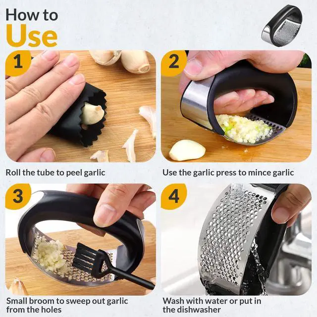 Alt view image 5 of 7 - Garlic Press - Stainless Steel Rust Proof & Dishwasher Safe Garlic Twister Mincer, Durable Garlic Crusher Chopper with Peeler, Brush, Easy to Clean, Kitchen Gadgets Tool for Garlic, Ginger, Spices