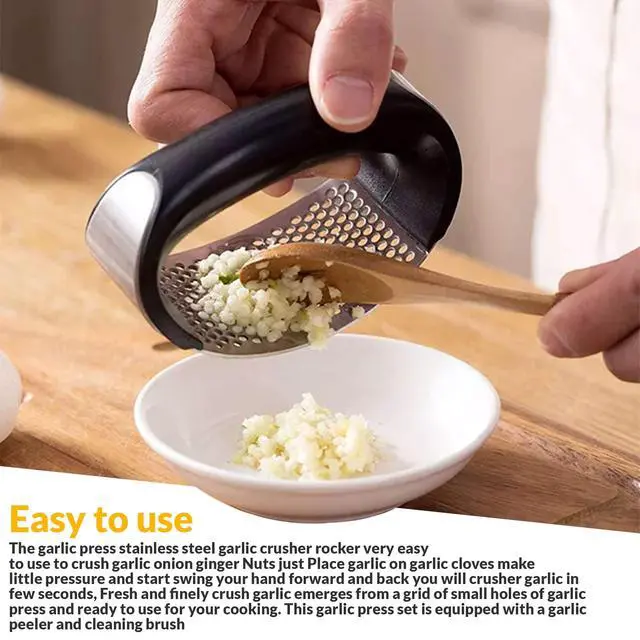 Alt view image 6 of 7 - Garlic Press - Stainless Steel Rust Proof & Dishwasher Safe Garlic Twister Mincer, Durable Garlic Crusher Chopper with Peeler, Brush, Easy to Clean, Kitchen Gadgets Tool for Garlic, Ginger, Spices