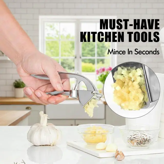 Alt view image 6 of 7 - Premium Stainless Steel Garlic Press - Heavy-Duty Professional Garlic Mincer Crusher with Ergonomic Handle, Rust-Proof, Dishwasher Safe, Easy to Squeeze & Clean - Silver