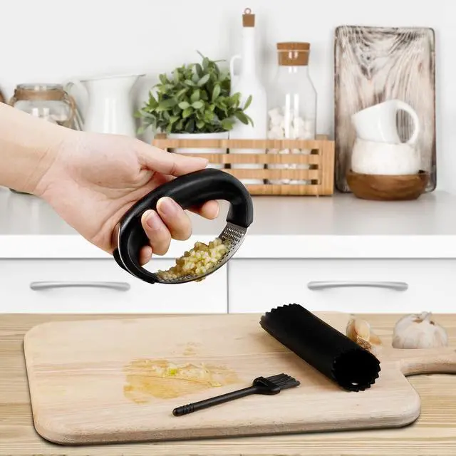Alt view image 2 of 7 - Garlic Press Rocker - Rust Proof & Dishwasher Safe Garlic Mincer, Stainless Steel Garlics Crusher Chopper Set with Peeler Brush, Easy to Clean and Squeeze, Masher for Garlics, Ginger, Spices
