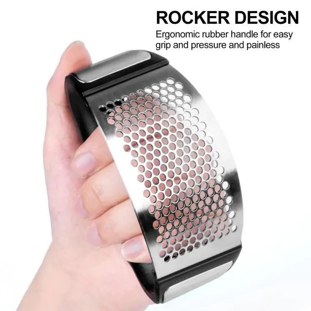 Alt view image 3 of 7 - Garlic Press Rocker - Rust Proof & Dishwasher Safe Garlic Mincer, Stainless Steel Garlics Crusher Chopper Set with Peeler Brush, Easy to Clean and Squeeze, Masher for Garlics, Ginger, Spices