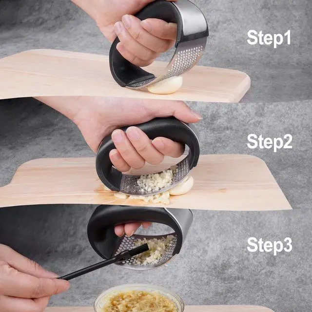 Alt view image 6 of 7 - Garlic Press Rocker - Rust Proof & Dishwasher Safe Garlic Mincer, Stainless Steel Garlics Crusher Chopper Set with Peeler Brush, Easy to Clean and Squeeze, Masher for Garlics, Ginger, Spices