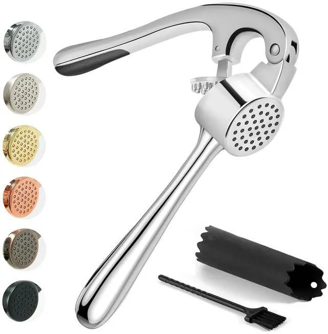 Main image of High Effective Premium Garlic Press Set, With Silicone Garlic Peeler & Brush, Heavy Duty Garlic Mincer, Easy to Squeeze and Clean, Rust Proof - Gloss Silver