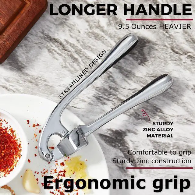 Alt view image 3 of 7 - High Effective Premium Garlic Press Set, With Silicone Garlic Peeler & Brush, Heavy Duty Garlic Mincer, Easy to Squeeze and Clean, Rust Proof - Gloss Silver