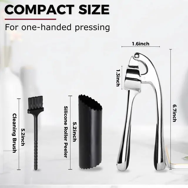 Alt view image 6 of 7 - High Effective Premium Garlic Press Set, With Silicone Garlic Peeler & Brush, Heavy Duty Garlic Mincer, Easy to Squeeze and Clean, Rust Proof - Gloss Silver