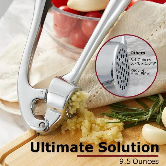 Alt view image 7 of 7 - High Effective Premium Garlic Press Set, With Silicone Garlic Peeler & Brush, Heavy Duty Garlic Mincer, Easy to Squeeze and Clean, Rust Proof - Gloss Silver