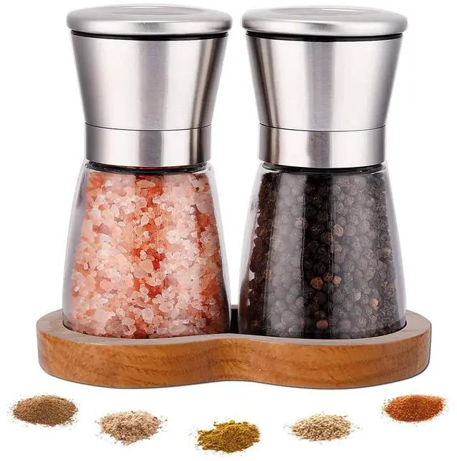 Main image of Salt and Pepper Grinder Set with Wooden Standing Tray, Refillable Pepper Mill Set - Brushed Stainless Steel - Short Glass Shakers with Adjustable Coarseness for Peppercorn, Salt or Spice Mills