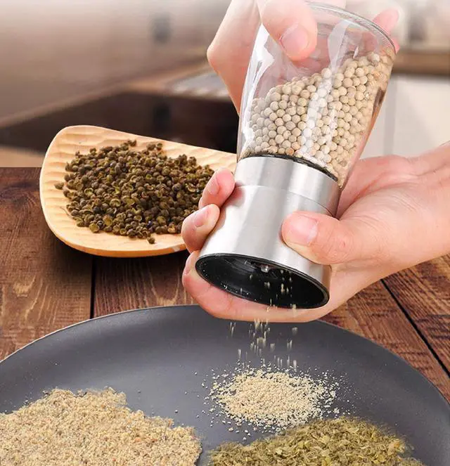 Alt view image 2 of 7 - Salt and Pepper Grinder Set with Wooden Standing Tray, Refillable Pepper Mill Set - Brushed Stainless Steel - Short Glass Shakers with Adjustable Coarseness for Peppercorn, Salt or Spice Mills