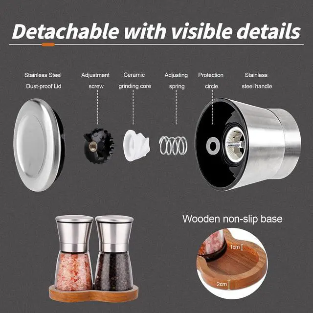 Alt view image 4 of 7 - Salt and Pepper Grinder Set with Wooden Standing Tray, Refillable Pepper Mill Set - Brushed Stainless Steel - Short Glass Shakers with Adjustable Coarseness for Peppercorn, Salt or Spice Mills