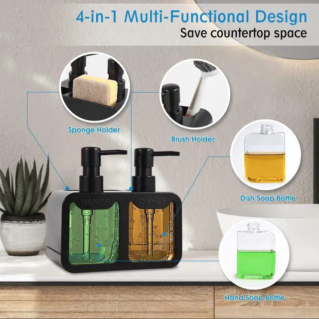 Alt view image 2 of 6 - Kitchen Soap Dispenser Set, with Hand and Dish Soap, Sponge Caddy and Brush Holder 4-in-1 Kitchen Dual Soap Dispenser Set for Kitchen Sink, Bathroom - Black