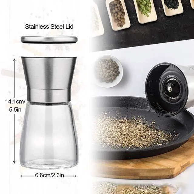Alt view image 5 of 7 - Salt and Pepper Grinder Set with Wooden Standing Tray, Refillable Pepper Mill Set - Brushed Stainless Steel - Short Glass Shakers with Adjustable Coarseness for Peppercorn, Salt or Spice Mills
