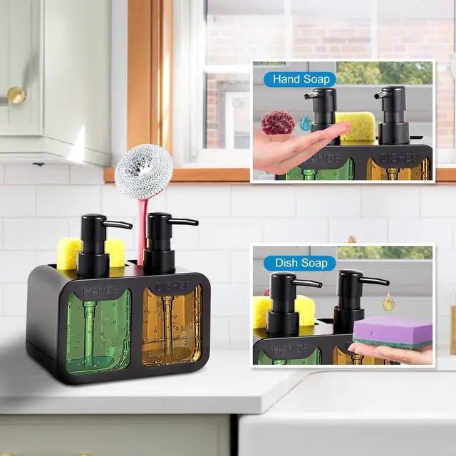 Alt view image 4 of 6 - Kitchen Soap Dispenser Set, with Hand and Dish Soap, Sponge Caddy and Brush Holder 4-in-1 Kitchen Dual Soap Dispenser Set for Kitchen Sink, Bathroom - Black