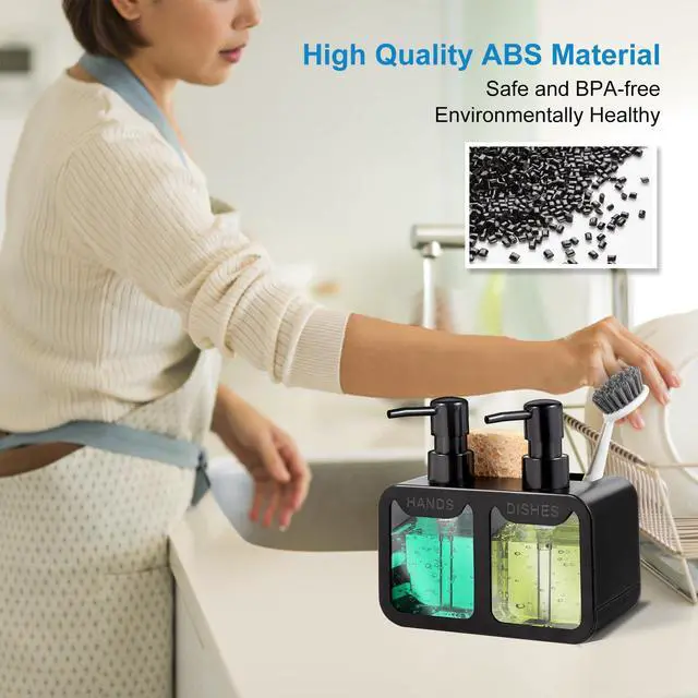 Alt view image 3 of 6 - Kitchen Soap Dispenser Set, with Hand and Dish Soap, Sponge Caddy and Brush Holder 4-in-1 Kitchen Dual Soap Dispenser Set for Kitchen Sink, Bathroom - Black