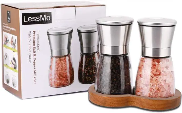 Alt view image 7 of 7 - Salt and Pepper Grinder Set with Wooden Standing Tray, Refillable Pepper Mill Set - Brushed Stainless Steel - Short Glass Shakers with Adjustable Coarseness for Peppercorn, Salt or Spice Mills