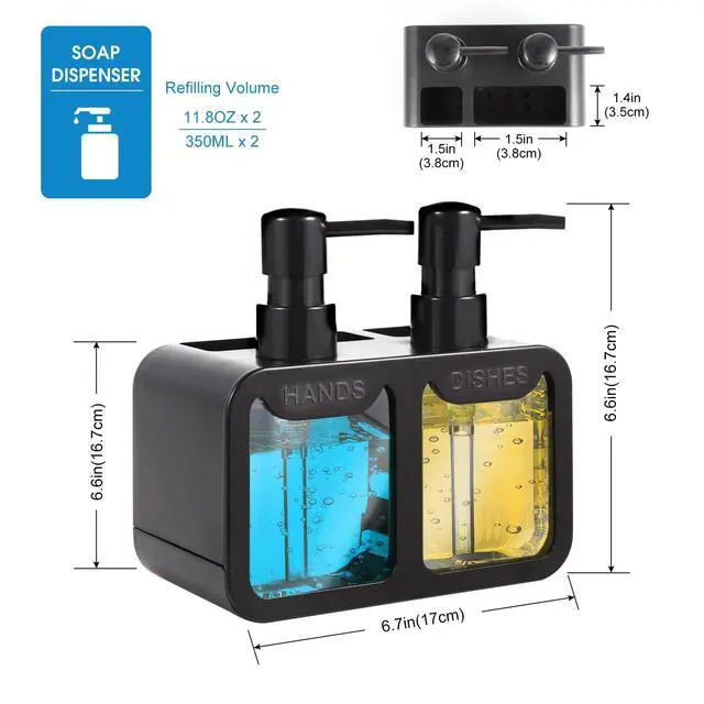 Alt view image 6 of 6 - Kitchen Soap Dispenser Set, with Hand and Dish Soap, Sponge Caddy and Brush Holder 4-in-1 Kitchen Dual Soap Dispenser Set for Kitchen Sink, Bathroom - Black
