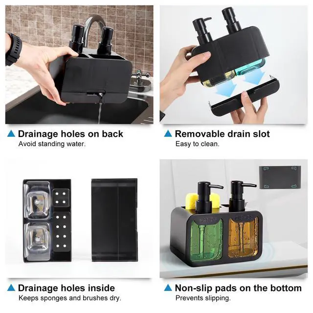 Alt view image 5 of 6 - Kitchen Soap Dispenser Set, with Hand and Dish Soap, Sponge Caddy and Brush Holder 4-in-1 Kitchen Dual Soap Dispenser Set for Kitchen Sink, Bathroom - Black