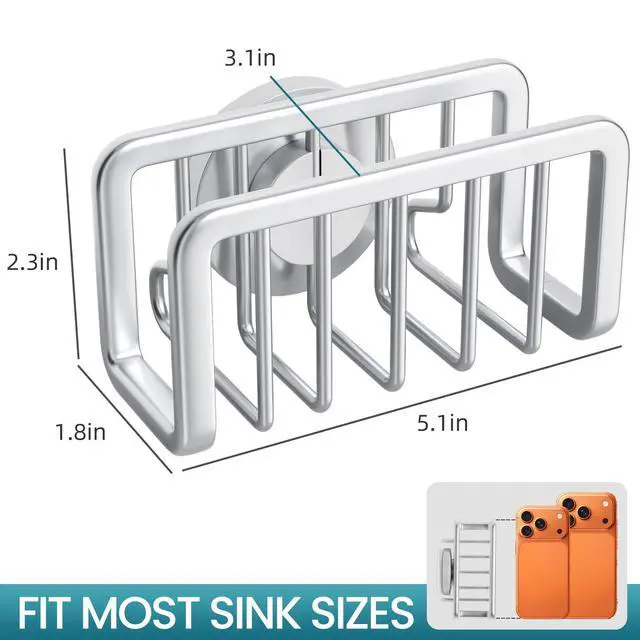 Alt view image 3 of 7 - Sponge Holder for Kitchen Sink with Strong Suction Cup, Removable Sponge Holder, Rustproof Aluminum Sink Caddy for Sponges, Dish Brush - Silver