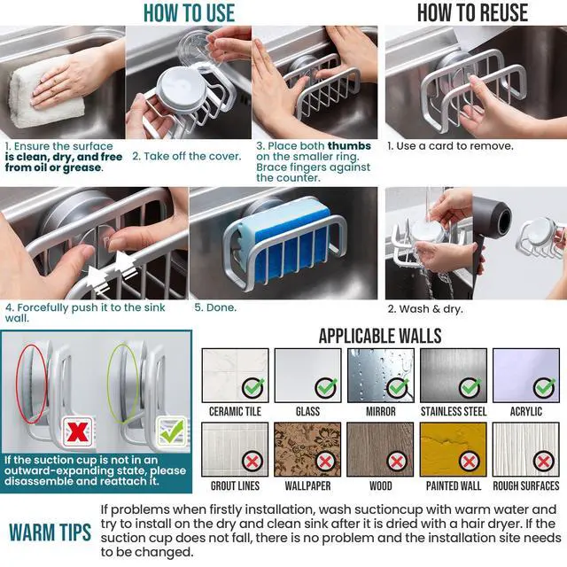 Alt view image 4 of 7 - Sponge Holder for Kitchen Sink with Strong Suction Cup, Removable Sponge Holder, Rustproof Aluminum Sink Caddy for Sponges, Dish Brush - Silver