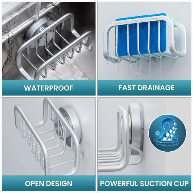 Alt view image 6 of 7 - Sponge Holder for Kitchen Sink with Strong Suction Cup, Removable Sponge Holder, Rustproof Aluminum Sink Caddy for Sponges, Dish Brush - Silver