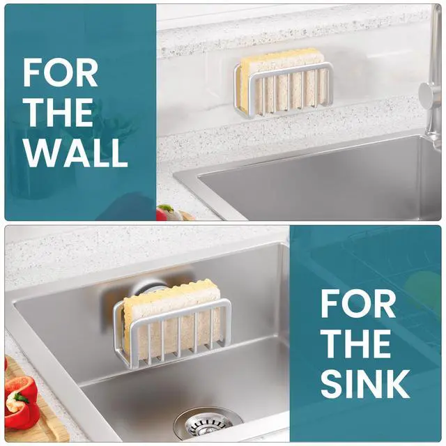 Alt view image 7 of 7 - Sponge Holder for Kitchen Sink with Strong Suction Cup, Removable Sponge Holder, Rustproof Aluminum Sink Caddy for Sponges, Dish Brush - Silver