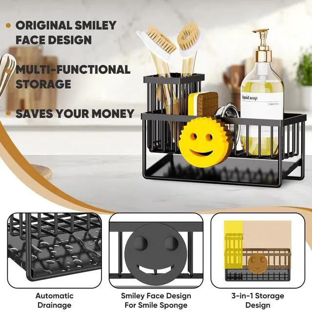 Alt view image 2 of 7 - Sponge Holder for Kitchen Sink,Smiley Face Sink Caddy with Removable Brush Holder,Self-Draining Sponge Caddy for Sponge,Soap,Dish Brush,Scrubber,Kitchen Essentials and Gadgets