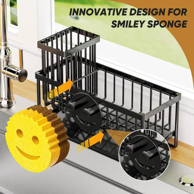 Alt view image 3 of 7 - Sponge Holder for Kitchen Sink,Smiley Face Sink Caddy with Removable Brush Holder,Self-Draining Sponge Caddy for Sponge,Soap,Dish Brush,Scrubber,Kitchen Essentials and Gadgets