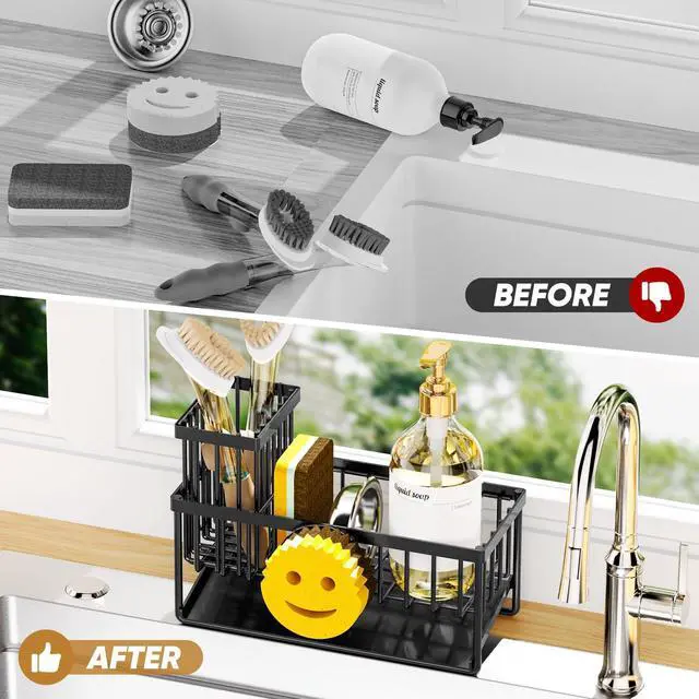 Alt view image 6 of 7 - Sponge Holder for Kitchen Sink,Smiley Face Sink Caddy with Removable Brush Holder,Self-Draining Sponge Caddy for Sponge,Soap,Dish Brush,Scrubber,Kitchen Essentials and Gadgets