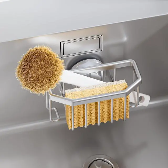 Main image of Sponge Holder for Kitchen Sink with Strong Suction Cup Removable, Rustproof Aluminum Sink Caddy for Sponge, Brush, Scrubber, Scraper -Silver