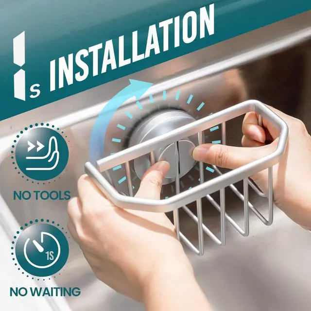 Alt view image 2 of 7 - Sponge Holder for Kitchen Sink with Strong Suction Cup Removable, Rustproof Aluminum Sink Caddy for Sponge, Brush, Scrubber, Scraper -Silver