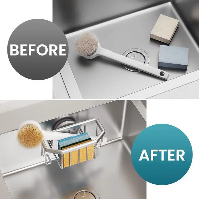 Alt view image 7 of 7 - Sponge Holder for Kitchen Sink with Strong Suction Cup Removable, Rustproof Aluminum Sink Caddy for Sponge, Brush, Scrubber, Scraper -Silver