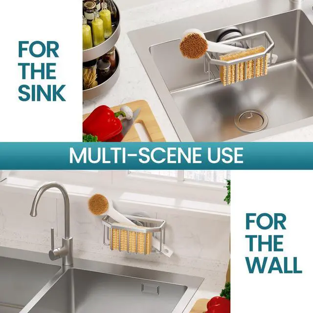 Alt view image 6 of 7 - Sponge Holder for Kitchen Sink with Strong Suction Cup Removable, Rustproof Aluminum Sink Caddy for Sponge, Brush, Scrubber, Scraper -Silver