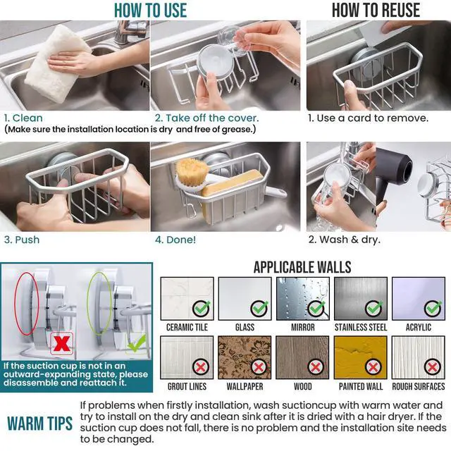 Alt view image 3 of 7 - Sponge Holder for Kitchen Sink with Strong Suction Cup Removable, Rustproof Aluminum Sink Caddy for Sponge, Brush, Scrubber, Scraper -Silver