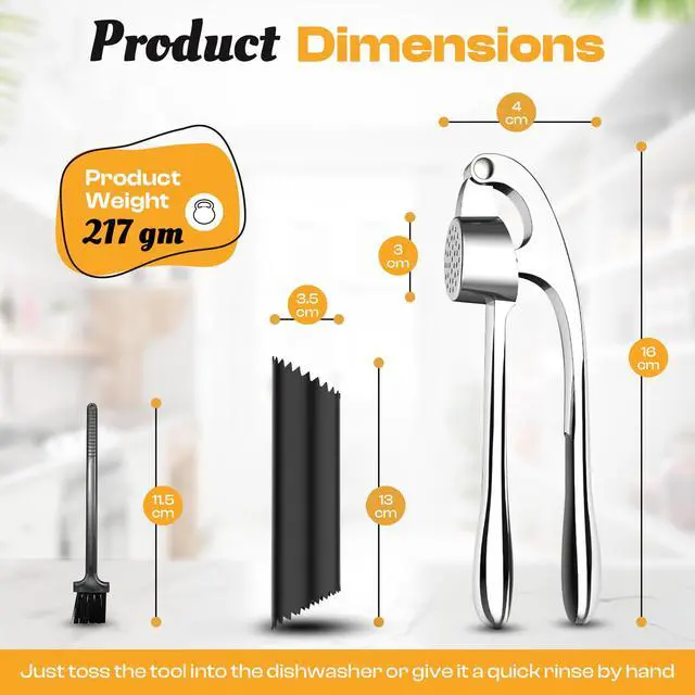 Alt view image 2 of 7 - Garlic Press Premium 3 Piece Set - Dishwasher Safe Professional Mincer with Soft Ergonomic Handle, Silicone Peeler, and Cleaning Brush