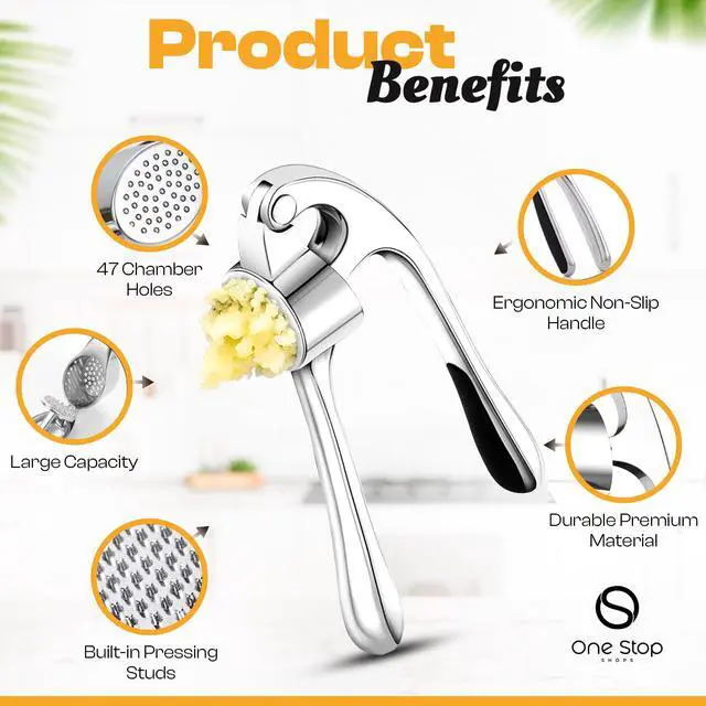 Alt view image 3 of 7 - Garlic Press Premium 3 Piece Set - Dishwasher Safe Professional Mincer with Soft Ergonomic Handle, Silicone Peeler, and Cleaning Brush