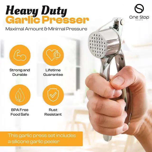 Alt view image 4 of 7 - Garlic Press Premium 3 Piece Set - Dishwasher Safe Professional Mincer with Soft Ergonomic Handle, Silicone Peeler, and Cleaning Brush